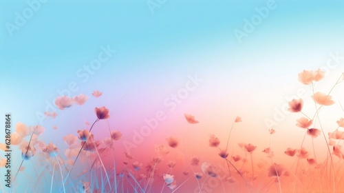 Generative AI : Abstract soft translucent atmospheric natural background in pastel light colors Blooming field grass closeup macro in blue and pink tones gentle artistic image copy space © Generative AI