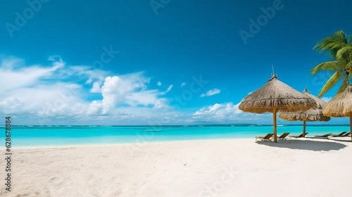 Generative AI : Beautiful beach with white sand turquoise ocean and blue sky with clouds on Sunny day Summer tropical landscape with green palm trees and Straw umbrellas panoramic view