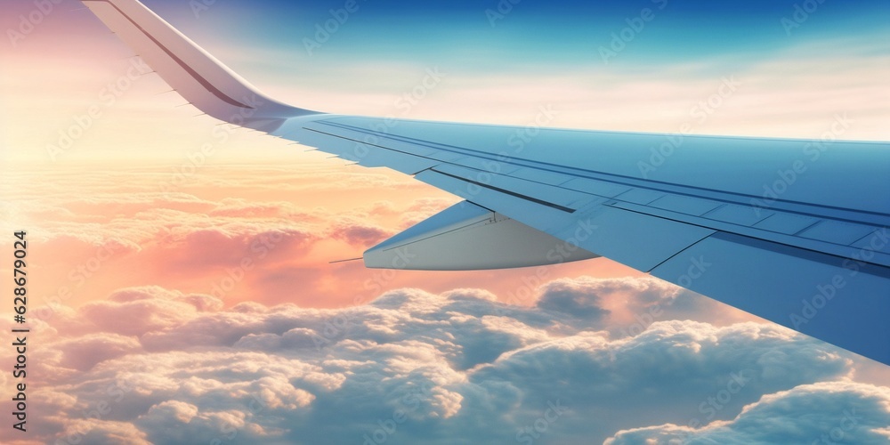 Generative AI : Blue bright clear sky above the clouds from the airplane window panoramic view Beautiful texture of fluffy clouds Airy light artistic image for dreams and travel Generative AI : Blue bright clear sky above the clouds from the airplane window panoramic view Beautiful texture of fluffy clouds Airy light artistic image for dreams and travel