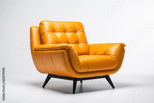 Yellow leather armchair. Side view of modern armchair on white background. Created with generative AI.	