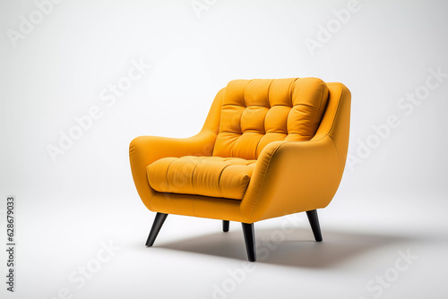 Yellow fabric armchair. Side view of modern armchair on white background. Created with generative AI.	