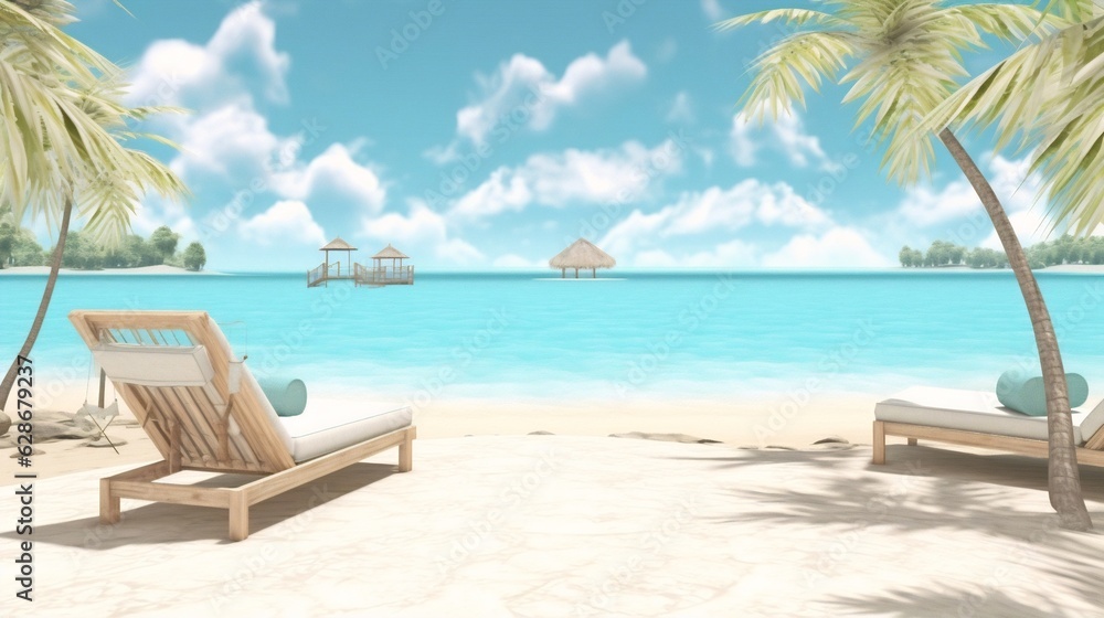 Generative AI : Beautiful tropical beach with white sand and two sun loungers on background of turquoise ocean and blue sky with clouds Frame of palm leaves and flowers Perfect landscape for relaxing 