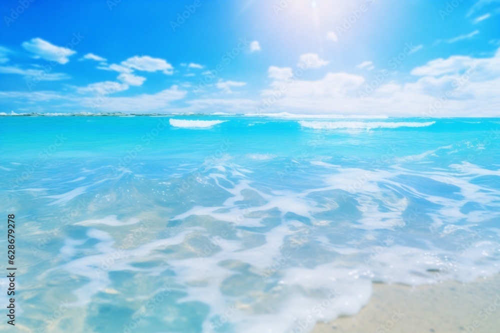 Generative AI : Beautiful background image tropical beach stretch of light sand white breakers foam and amazingly clear water Turquoise blue greenish shades of water and play of sunlight