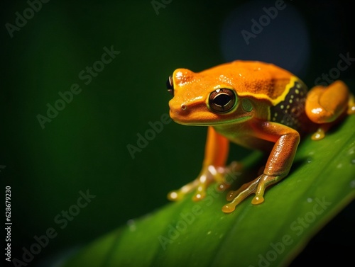 Generative AI : Cute funny little frog sitting and looking on a green leaf in the spring or in the summer on the nature close up macro Beautiful soft background blur bokeh