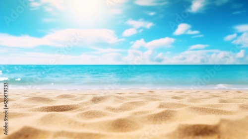 Generative AI : Beautiful background image of tropical beach Bright summer sun over ocean Blue sky with light clouds turquoise ocean with surf and clear sand Harmony of clean environment Wide format