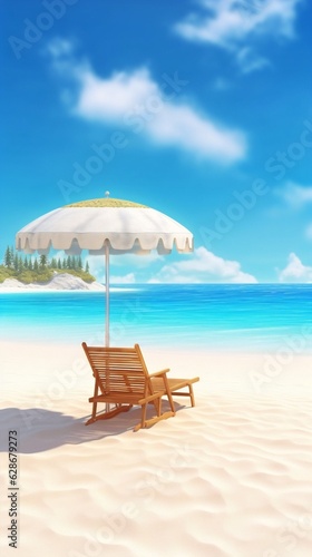 Generative AI   Beautiful tropical beach with white sand and two sun loungers on background of turquoise ocean and blue sky with clouds Frame of palm leaves and flowers Perfect landscape for relaxing 