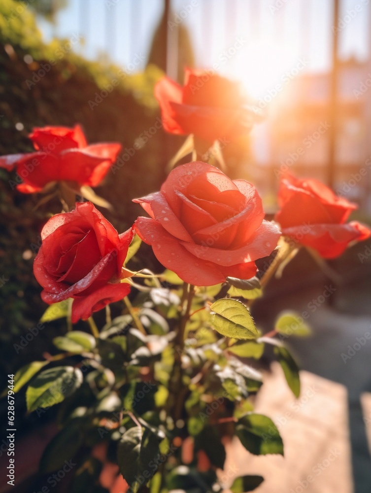 Obraz premium Generative AI : Beautiful floral natural background with red roses in garden an outdoor with beautiful bokeh and free space for text