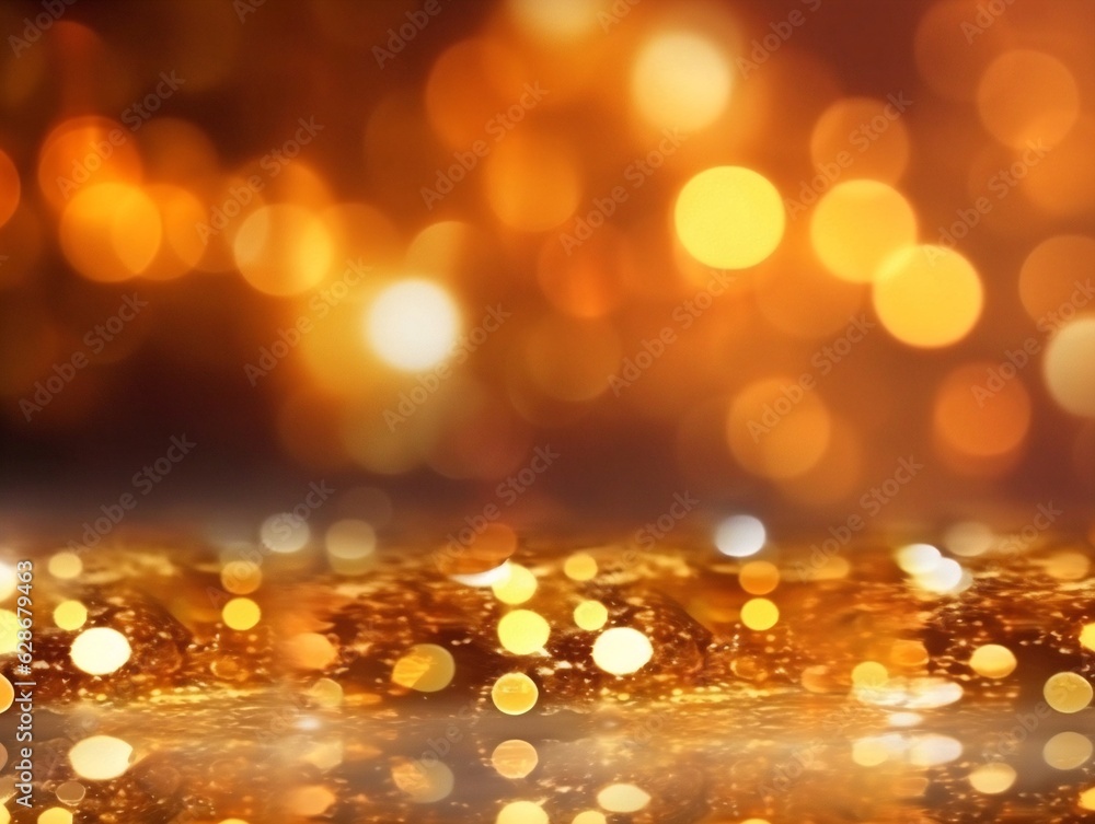 Generative AI : Abstract golden and brown background with shiny brilliant water drops dew or rain on the glass with round bokeh
