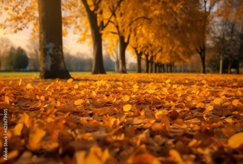 Generative AI : Beautiful autumn background landscape Carpet of fallen orange autumn leaves in park and blue umbrella Leaves fly in wind in sunlight Concept of Golden autumn