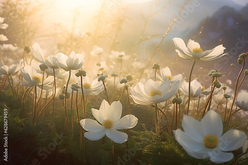 Generative AI : Beautiful anemone flowers on dark evening in rays of sunset sun closeup macro in nature Delightful atmospheric airy artistic image with golden sun glare