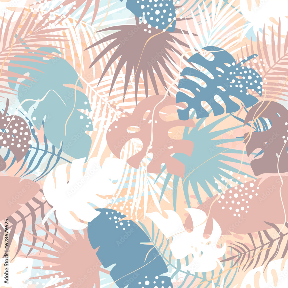 Abstract seamless pattern of tropical palm leaves, jungle Monstera, banana leaves and brush shape. Exotic silhouette plant with grunge texture. Botanical vector illustration for wrapping paper, fabric Abstract seamless pattern of tropical palm leaves, jungle Monstera, banana leaves and brush shape. Exotic silhouette plant with grunge texture. Botanical vector illustration for wrapping paper, fabric