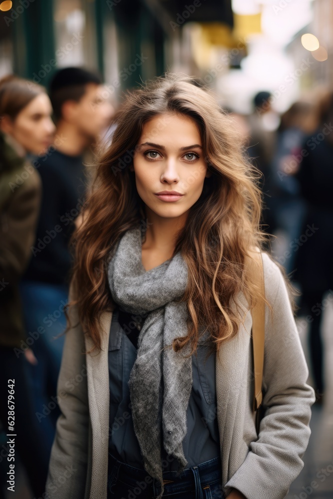 Serious attractive young woman posing in a crowded sidewalk