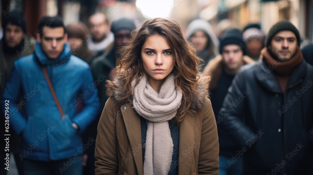 Serious attractive young woman posing in a crowded sidewalk
