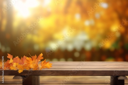 Generative AI : Beautiful autumn nature background with border of orange gold and red maple leaves on background of sunlight with soft blurred bokeh and empty wooden table planks