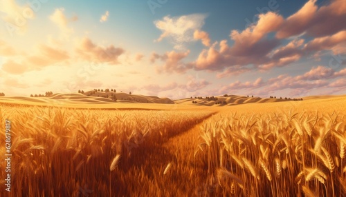 Generative AI   Beautiful natural evening landscape panorama of golden wheat field at sunset against background of evening blue sky with clouds Bright colorful pastoral image nature