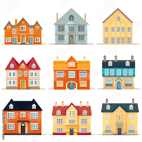 Set of colorful houses on white background. Generative AI