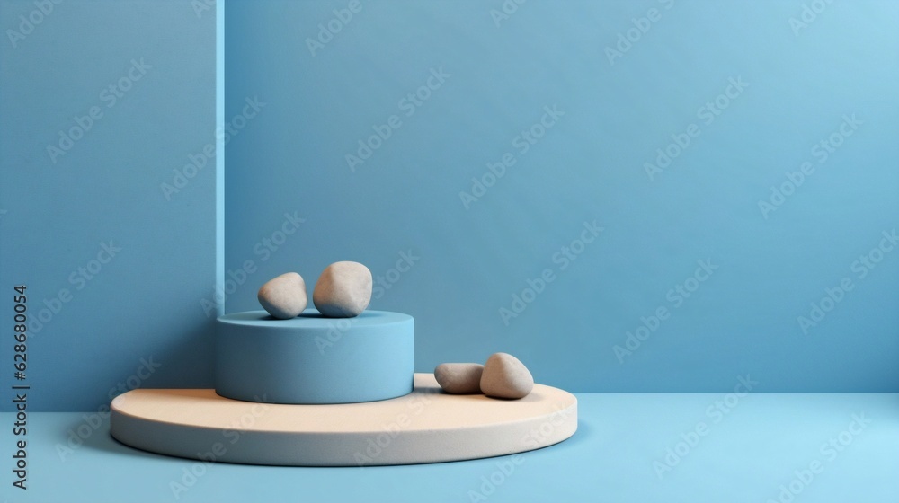Generative AI : Abstract minimalistic universal background for product presentation with shadow on light blue wall and marble top Generative AI : Abstract minimalistic universal background for product presentation with shadow on light blue wall and marble top