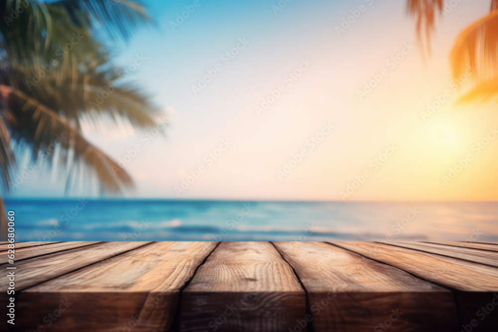 Sunny and idyllic coastal landscape with wooden table and beach chairs. Perfect for resort or vacation ads. AI Generative.