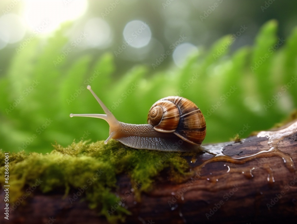 Generative AI : A snail in the forest in summer crawls through a log ...