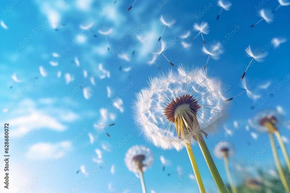 Generative AI : Airy dandelions glow in the sun on background blue sky closeup macro Dandelion seeds fly in the wind Nature floral template spring summer wallpaper soft focus