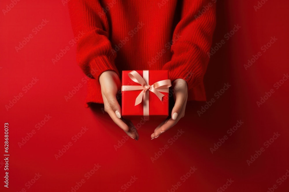 Women's hands give a gift on a red background. the concept of Christmas and New Year. copyspace. generative AI Women's hands give a gift on a red background. the concept of Christmas and New Year. copyspace. generative AI