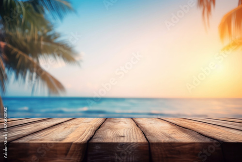 Sunny and idyllic coastal landscape with wooden table and beach chairs. Perfect for resort or vacation ads. AI Generative.