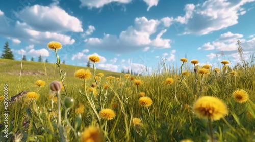 Generative AI : Beautiful meadow field with fresh grass and yellow dandelion flowers in nature against a blurry blue sky with clouds Summer spring perfect natural landscape