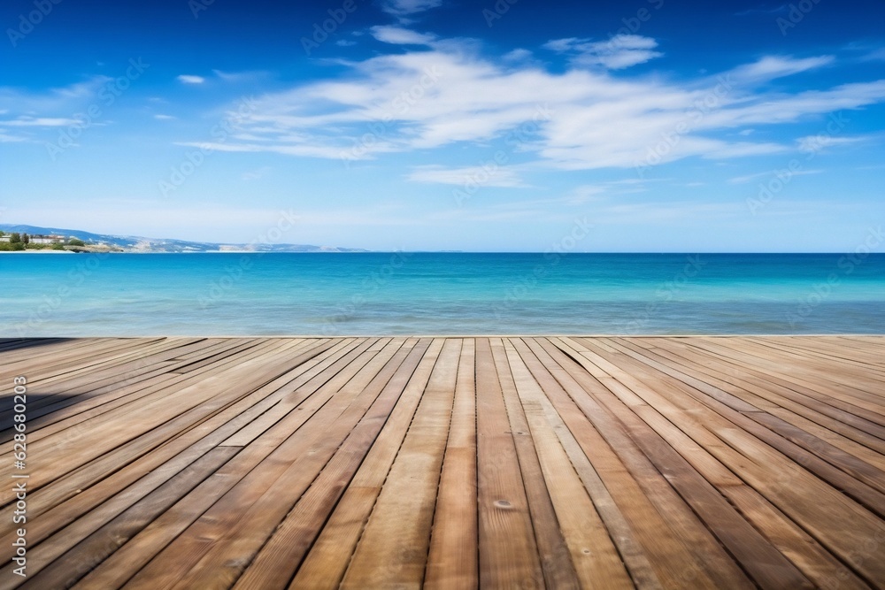Fototapeta premium Generative AI : Background image of seascape of mediterranean resort coast with calm sea sandy beach and pier