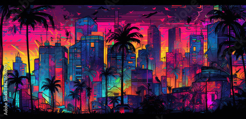 Night city view with dark magenta and neon sky, palm trees.