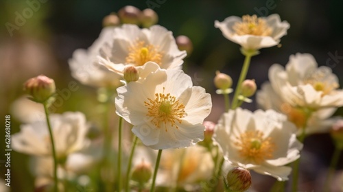 Generative AI : Beautiful white anemone flowers in morning light closeup in nature Delightful atmospheric airy artistic image beauty nature with golden sunlight