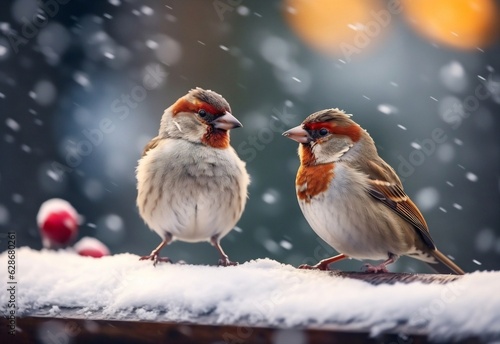 Generative AI : Cute funny merry Christmas sparrows in the New Year with a red cap with little red hats during a snowfall Merry Christmas and Happy New Year