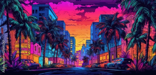 Night city view with dark magenta and neon sky, palm trees. © OKAN