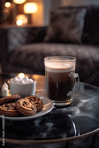 Generative AI   A cup of hot coffee with foam and chocolate sweets on the table Beautiful composition concept for a coffee house