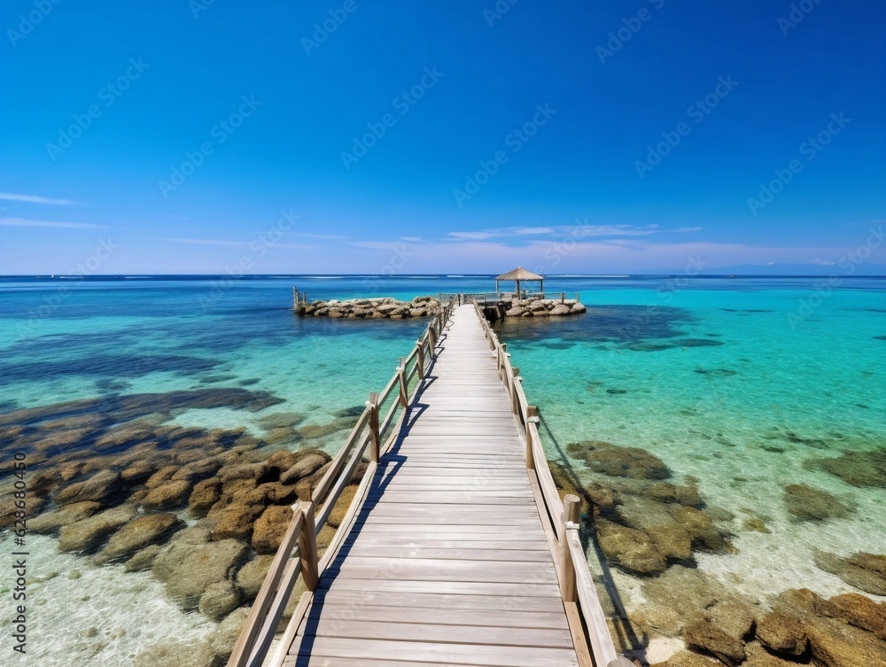 Obraz premium Generative AI : Beautiful tropical landscape with turquoise ocean with blue sky and light clouds on summer day Long bridge to island In foreground is lonely heron Clear water and soothing nature