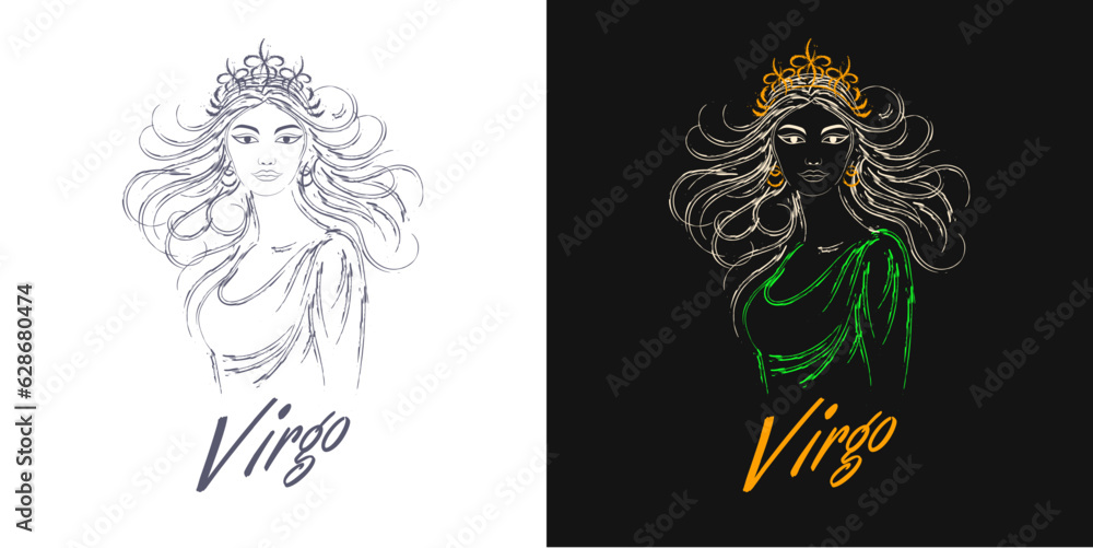 Fototapeta premium Neon green outline illustration of zodiac sign Virgo. Portrait of young beautiful woman of indian ethnicity with direct look, flowing hair. Grunge texture paint brush strokes of fluorescent colors