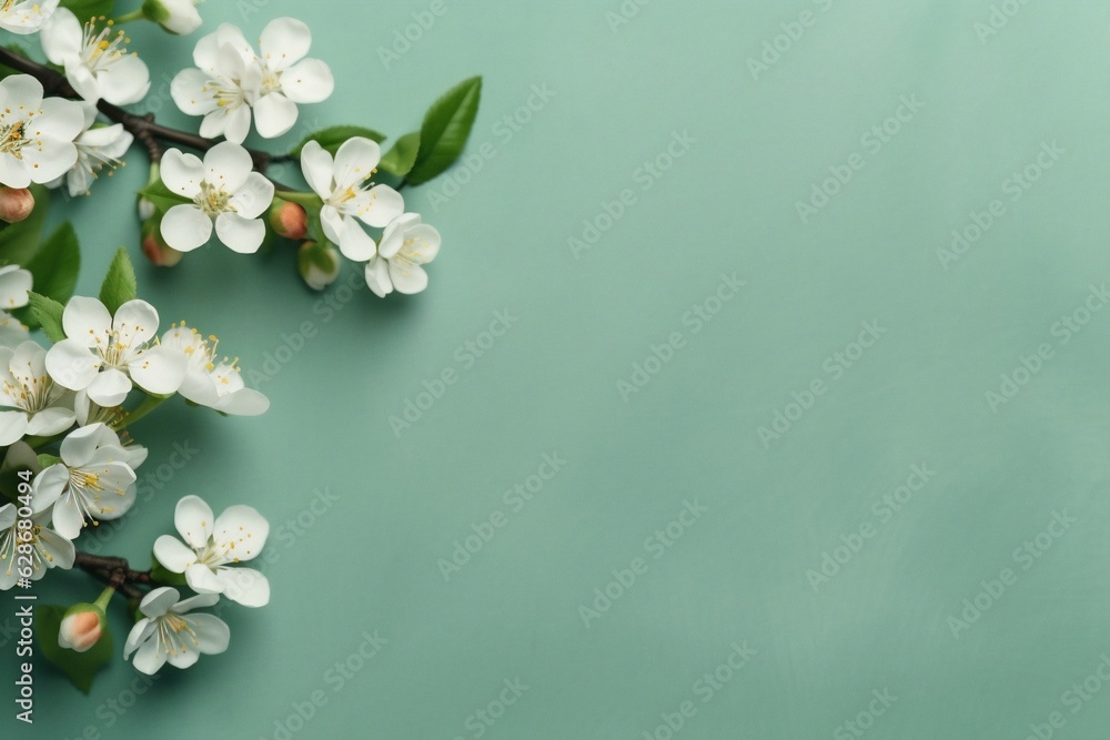Generative AI : Beautiful floral spring abstract background of nature Branches of blossoming cherries macro on a gentle light green background For easter and spring greeting cards with copy space Generative AI : Beautiful floral spring abstract background of nature Branches of blossoming cherries macro on a gentle light green background For easter and spring greeting cards with copy space