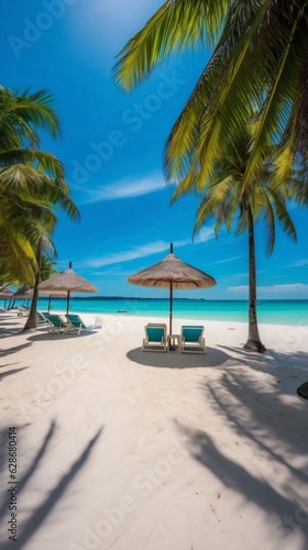 Generative AI : Beautiful beach with white sand turquoise ocean and blue sky with clouds on Sunny day Summer tropical landscape with green palm trees and Straw umbrellas