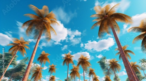 Generative AI : Beautiful natural tropical background with palm trees against a blue sky with clouds © Generative AI