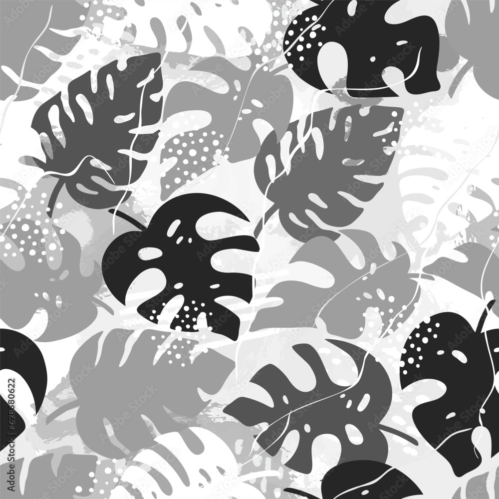 Fototapeta premium Seamless pattern of tropical palm leaves, jungle Monstera leaves, brush shape. Collection of silhouette plant and grunge texture. Hand drawn vector illustration for wallpaper, wrapping paper, fabric