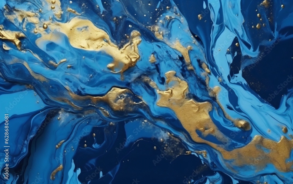 Generative AI : Beautiful abstract ART background random free mixing of paints in technique of liquid acrylic and gold powder Artistic image aerial view island in ocean in blue golden tones Generative AI : Beautiful abstract ART background random free mixing of paints in technique of liquid acrylic and gold powder Artistic image aerial view island in ocean in blue golden tones