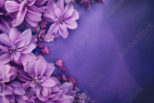 Generative AI : Beautiful summer spring flower border of purple flowers in nature closeup Colorful floral background