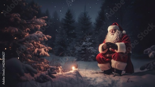Santa Claus in the winter forest by the fire. Magic Christmas night. New year eve. Generative Ai technology.