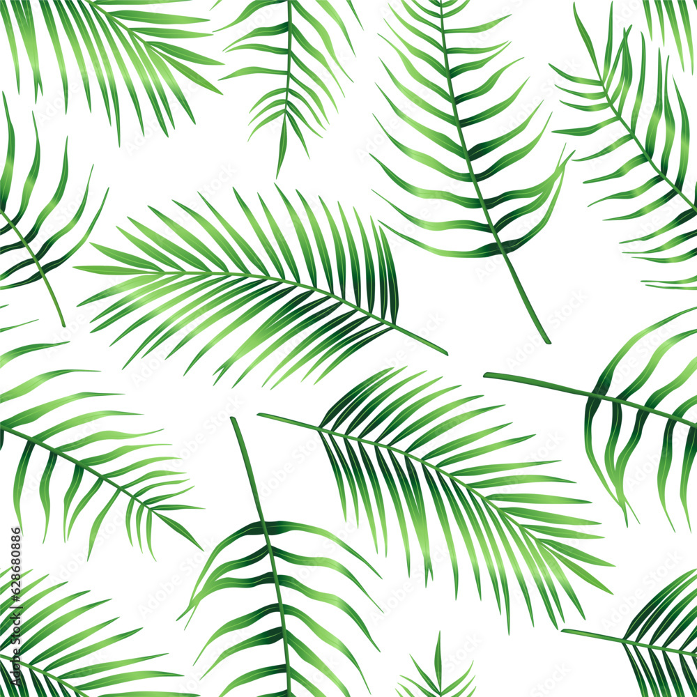 Seamless pattern of tropical leaves of palm tree, Arecaceae leaf. Exotic collection of green plant. Hand drawn botanical vector illustration for greeting card, wallpaper, wrapping paper, fabric