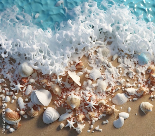 Generative AI : Background image of the beauty of the sea element is a mass of sea waves rolling ashore with caps of white foam