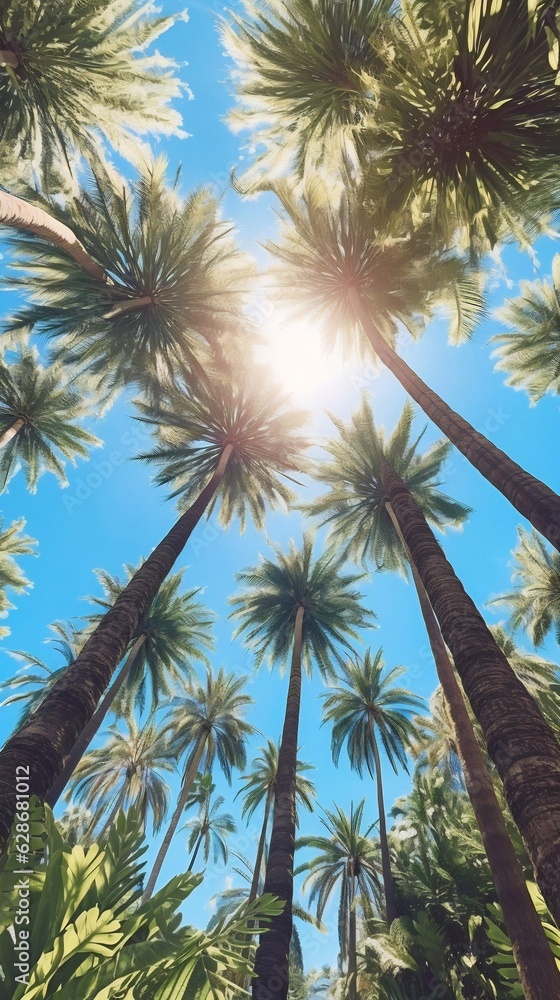 Generative AI : Beautiful alley with lush green tropical palm trees on a background of blue sky and sun Natural scenery