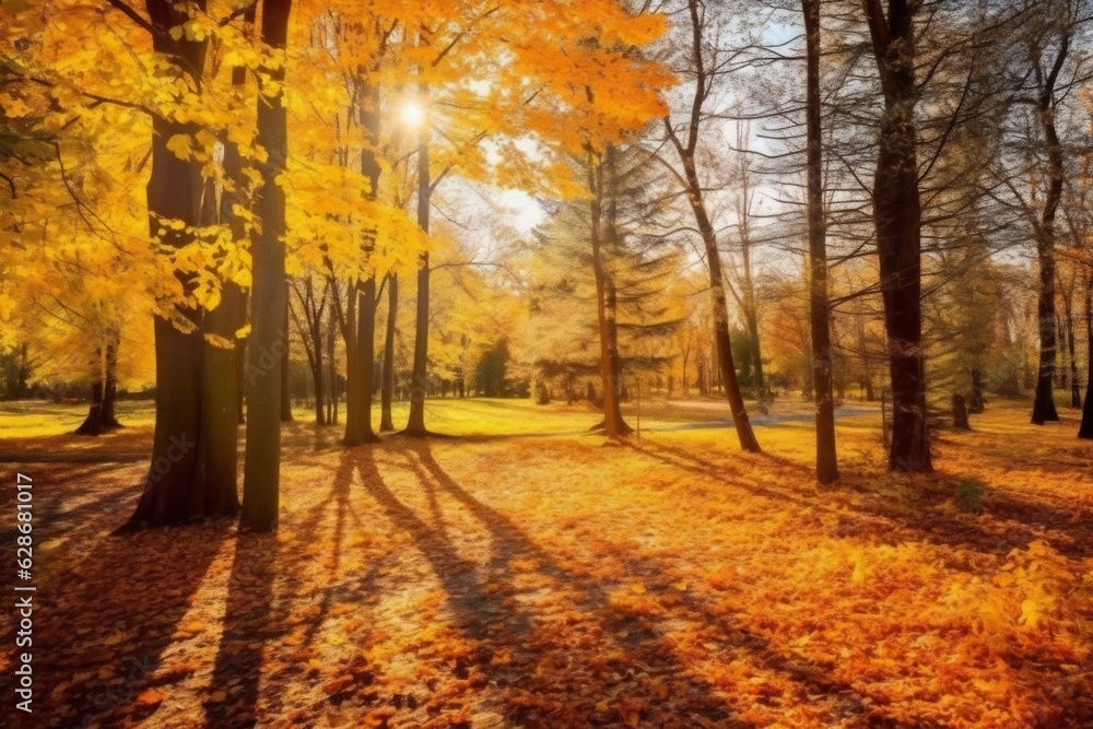 Generative AI : Beautiful autumn forest with a carpet of fallen orange leaves and maple trees in bright yellow sunlight in nature