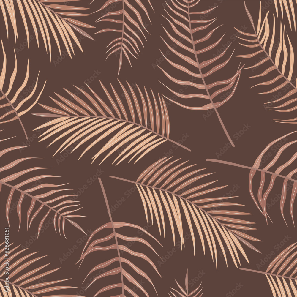 Seamless pattern of tropical leaves of palm tree, Arecaceae leaf. Exotic boho collection of earth tone colors plant. Hand drawn botanical vector illustration for wallpaper, wrapping paper, fabric