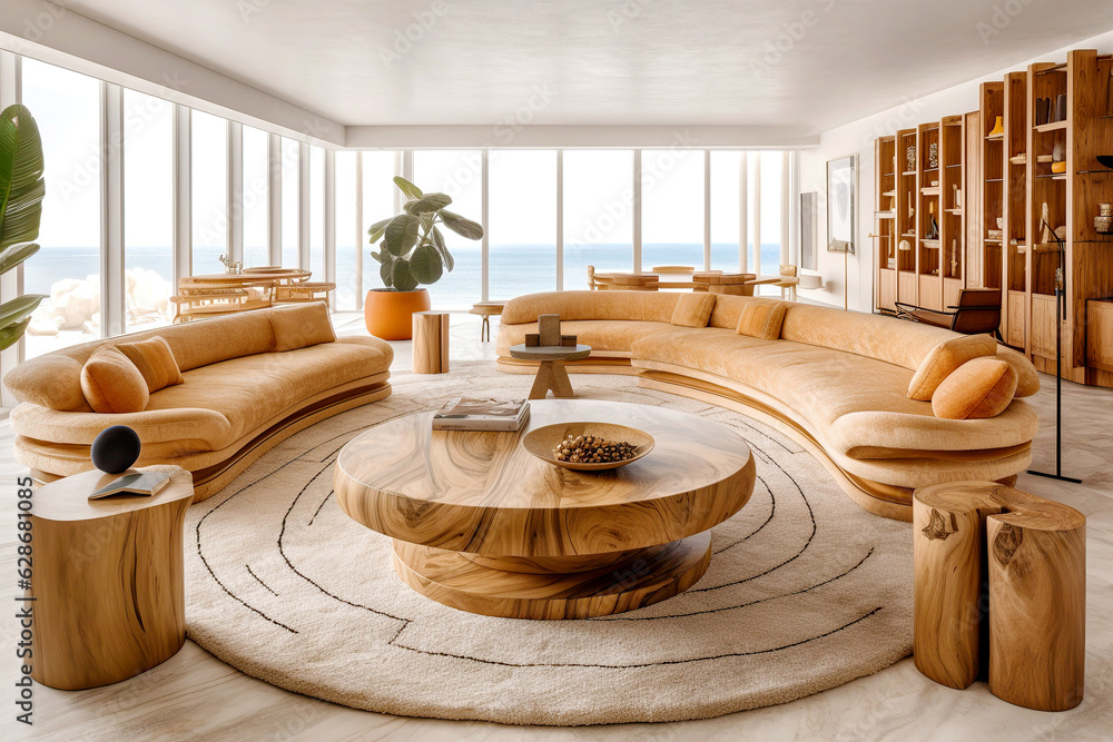 Mid-century coastal home interior design of modern living room in ...
