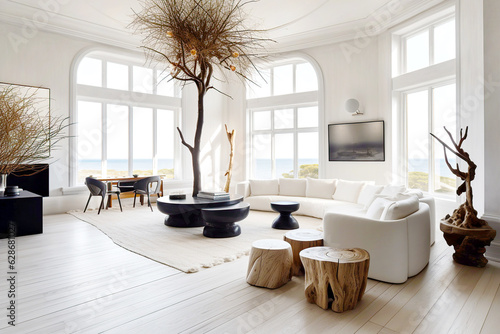 Coastal home interior design of modern living room in seaside house.