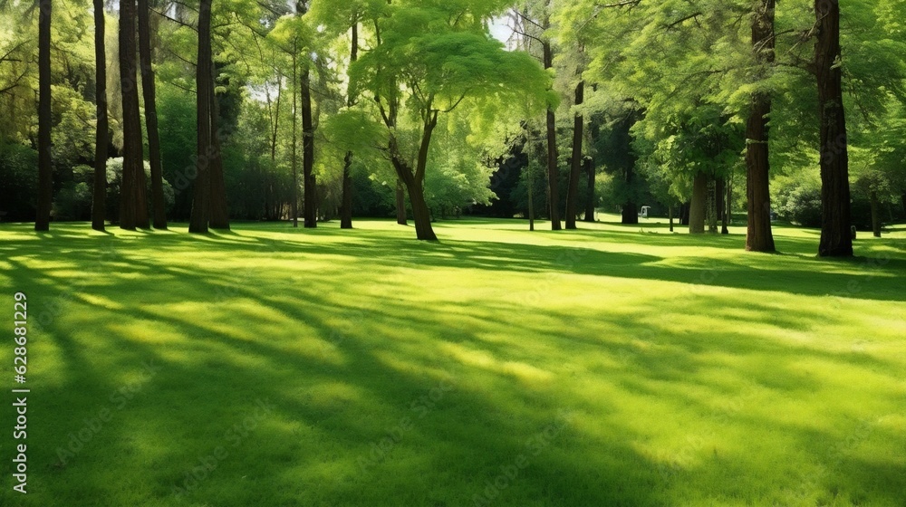 Obraz premium Generative AI : Beautiful manicured lawn and flowerbed with deciduous shrubs on plot or Park outdoor Green lawn closely mowed as grass background